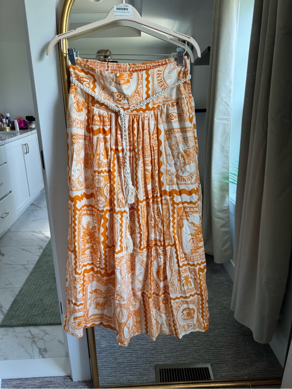 Nicole Miller Orange and White Printed Maxi Skirt with Tassel Tie